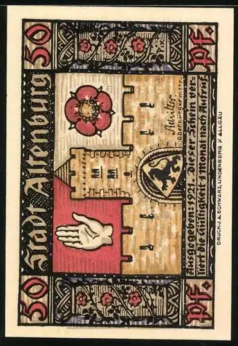 Notgeld Altenburg, 1921, 50 Pfennig, Abbildung von Rittern und Kind auf der Vorderseite, Burg und Wappen auf Rückseite