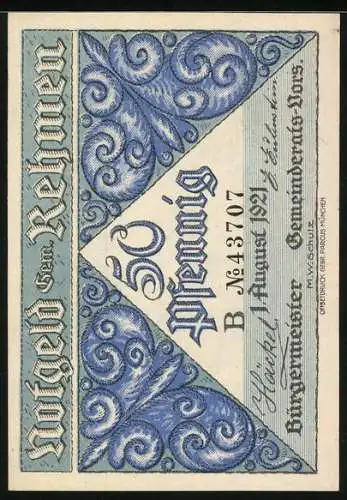Notgeld Rehmen, 1921, 50 Pfennig, Darstellung einer Mühle und opulenter Rahmen