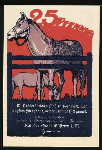 Notgeld Güstrow, 1921, 25 Pfennig, Reutergeld mit Schloss und Pferden