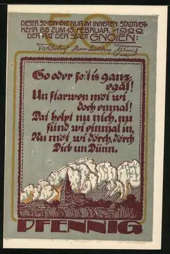 Notgeld Gnoien, 1922, 50 Pfennig, roter Text und Illustration eines Arbeiters an einer Maschine, Rückseite mit Spruch