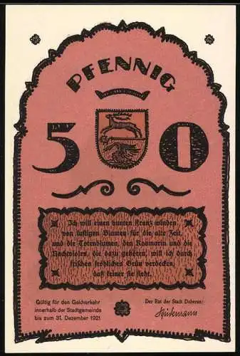 Notgeld Bad Doberan, 1921, 50 Pfennig, Stadtwappen und Kirche, gültig bis 31. Dezember 1921