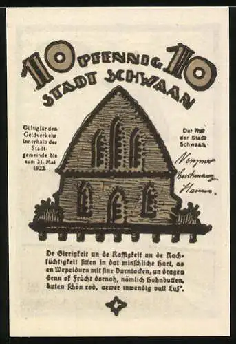 Notgeld Schwaan, 1922, 10 Pfennig, Kirche und historisches Gebäude