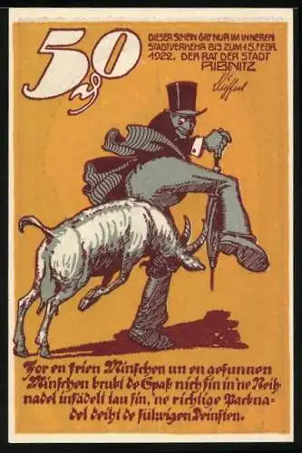 Notgeld Ribnitz 1921, 50 Pfennig, Stadttor und Mann mit Ziegenbock