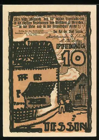 Notgeld Tessin, 1922, 10 Pfennig, Reutergeld mit Gebäudemotiv und Stadtansicht