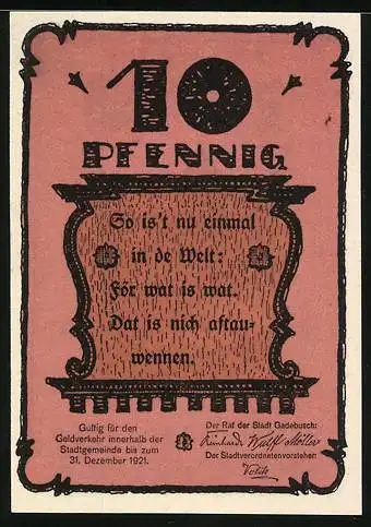 Notgeld Gadebusch 1921, 10 Pfennig, Reutergeld mit Stadtansicht und plattdeutschem Spruch