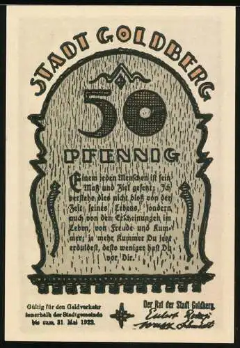 Notgeld Goldberg, 1923, 50 Pfennig, Dorfszene mit zwei Frauen und Hütten, Rückseite Textfeld mit Ornamenten