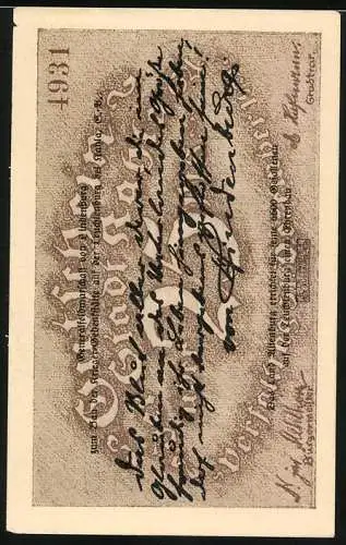 Notgeld Kahla, 1921, 50 Pfennig, Fliegeraufnahme der Leuchtenburg, Rückseite mit handschriftlichem Text