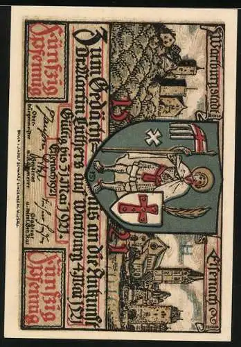 Notgeld Eisenach 1921, 50 Pfennig, Luthers Ankunft auf der Wartburg, farbiger Druck mit historischen Motiven