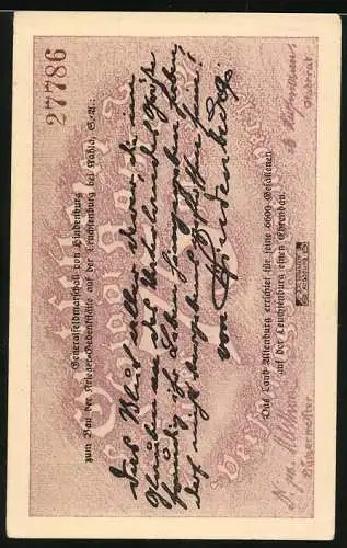 Notgeld Kahla, 75 Pfennig, Fliegeraufnahme der Leuchtenburg, Rückseite mit handschriftlichem Text, Seriennummer 27786