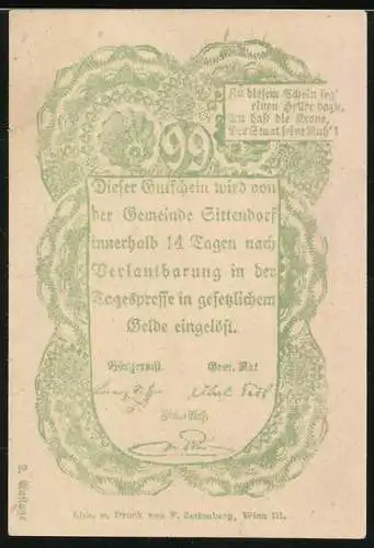 Notgeld Sittendorf, 99 Heller, Kirche und Gemeindewappen