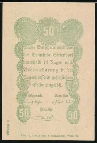 Notgeld Sittendorf, 1920, 50 Heller, Kirche und Bäume mit floralem Muster auf Rückseite