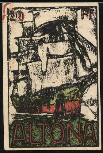 Notgeld Altona 1921, 20 Pf, rote Burg und Schiffsmotiv