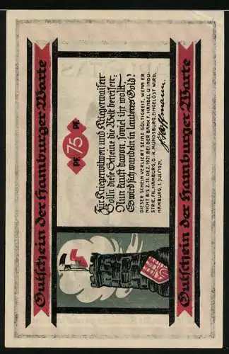 Notgeld Hamburg, 1921, 75 Pfennig, Caritas mit Mutter und Kindern, Rückseite mit Turm und Stadtwappen