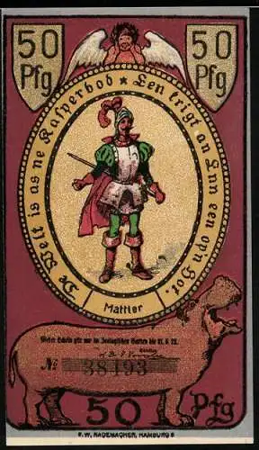 Notgeld Hamburg, 1921, 50 Pfennig, Ritter und Kängurus im Zoologischen Garten