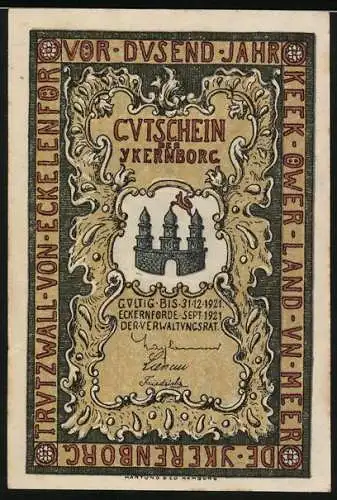 Notgeld Eckernförde, 1921, 25 Pfennig, Stadtansicht mit Kirchturm und Küstenlandschaft, Gültigkeit bis 31.12.1921