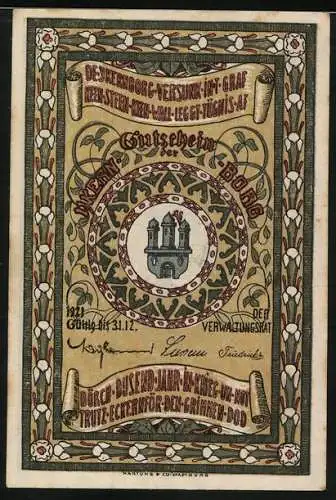 Notgeld Eckernförde 1921, 50 Pfennig, Stadtansicht mit Schiffen und Turm, Gültig bis 31.12.1921