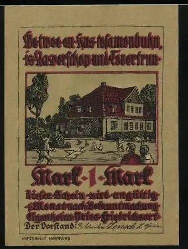 Notgeld Pries-Friedrichsort, 1 Mark, historische Gebäude und gemütliche Küche, Hartung & Hamburg