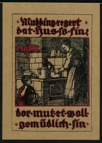 Notgeld Pries-Friedrichsort, 1 Mark, historische Gebäude und gemütliche Küche, Hartung & Hamburg