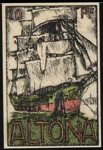 Notgeld Altona 1921, 20 Pf, Segelschiff und Stadttor