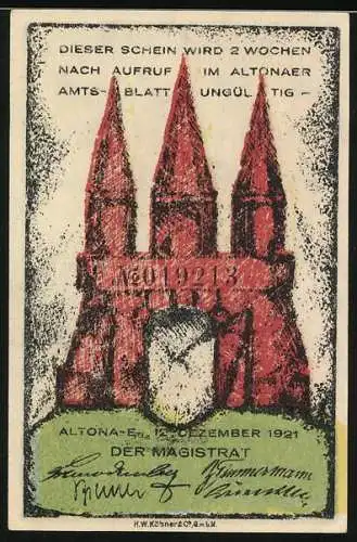 Notgeld Altona, 1921, 40 Pf, Segelschiff und Kirche mit drei Türmen und Uhr