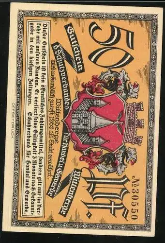 Notgeld Wittenberge, 50 Pf, Alter Turm und Wappen, 50 Pfund, Serie 1920er, Nr. 30550