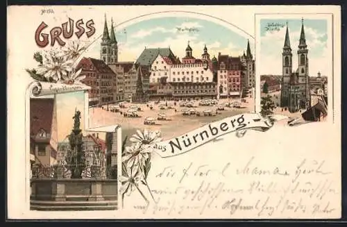 Lithographie Nürnberg, Marktplatz, Tugendbrunnen, Sebalduskirche