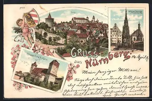 Lithographie Nürnberg, Schöner Brunnen und Frauenkirche, Nordseite der Kaiserstallung, Totalansicht