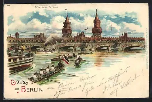 Lithographie Berlin-Friedrichshain, Oberbaum-Brücke, Ruderverein