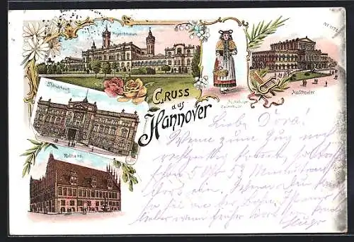 Lithographie Hannover, Ständehaus, Hoftheater, Polytechnikum, Bückeburger Bauerntracht