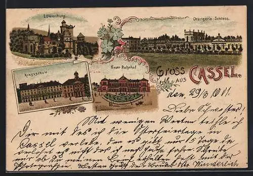 Lithographie Cassel, Orangerie-Schloss, Löwenburg, Neuer Bahnhof, Kriegsschule