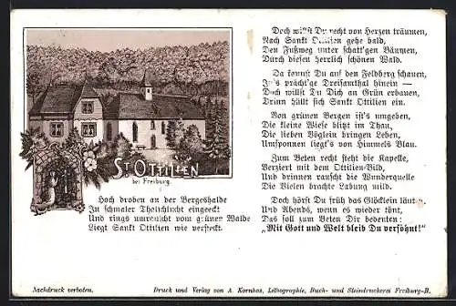 Lithographie Freiburg / Breisgau, St. Ottilien, Hoch droben an der Bergeshalde...