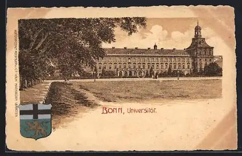Lithographie Bonn, Partie an der Universität, das Wappen