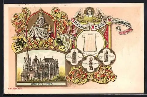 Lithographie Aachen, Aachener Heiligtumsfahrt, Münsterkirche, Carolus Magnus, Die Windeln Jesu