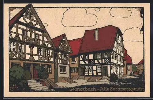 Steindruck-AK Amorbach, Strassenpartie mit alten Fachwerkbauten