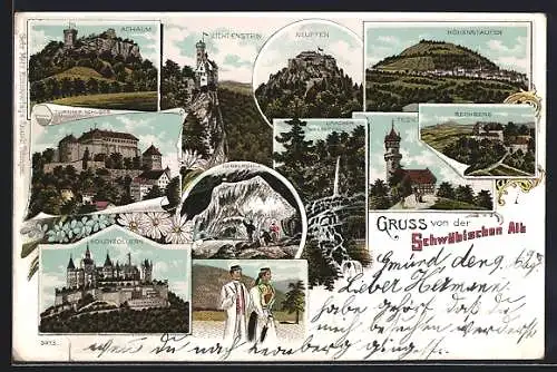 Lithographie Hechingen, Lichtenstein, Neuffen, Nebelhöhle, Hohenzollern, Tübinger Schloss, Uracher Wasserfall