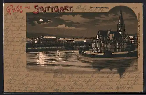 Mondschein-Lithographie Stuttgart, Blick auf die Johannes-Kirche