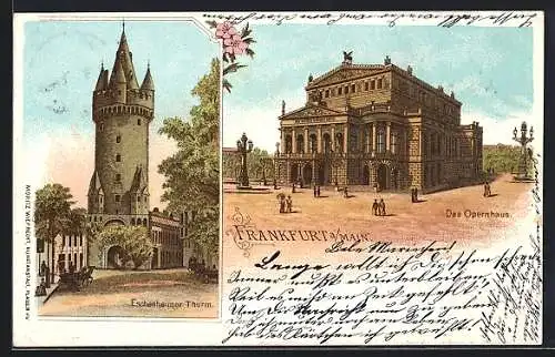 Lithographie Frankfurt a. Main, Das Opernhaus, Eschenheimer Turm