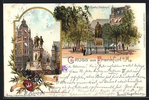 Lithographie Frankfurt /Main, Goethe & Gutenberg-Denkmal, Wappen