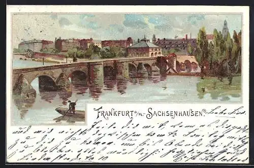 Lithographie Frankfurt-Sachsenhausen, Wasserpartie mit Brücke