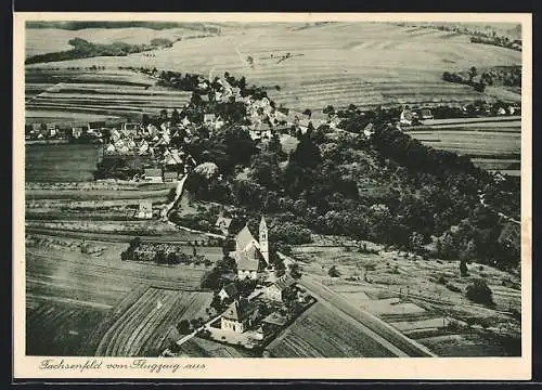 AK Fachsenfeld, Teilansicht mit Kirche, Fliegeraufnahme