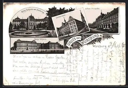 Lithographie Würzburg, Julius-Hospital, Universität, Kgl. Schloss mit Fontaine