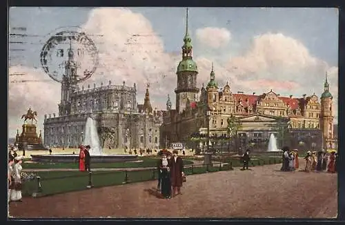 Künstler-AK Dresden, König Johann-Denkmal, Kath. Hofkirche, Kgl. Schloss und Hauptwache