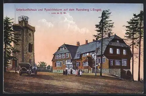 AK Wildenthal, Unterkunftshaus und Aussichtsturm auf dem Auersberg