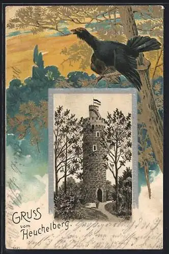 Passepartout-Lithographie Heuchelberg, Aussichtsturm und Auerhahn