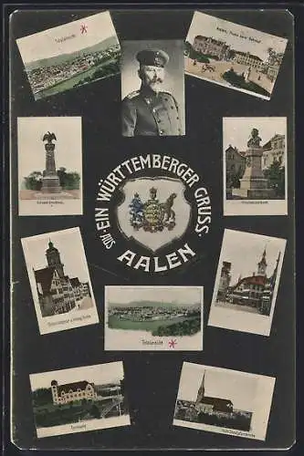 AK Aalen, Wilhelm II., Schubartdenkmal, Turnhalle, Bahnhof, Kriegerdenkmal und Schulstrasse