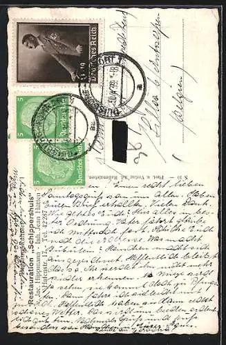 AK Duisburg-Ruhrort, Restaurant Schippershuis v. Jac. Hippmann, Hafenstr. 17, Schifferbörse mit Denkmal