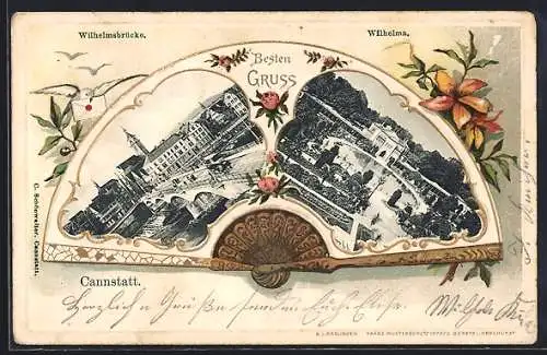 Passepartout-Lithographie Cannstatt, Wilhelmsbrücke und Wilhelma, Fächer mit Brieftaube