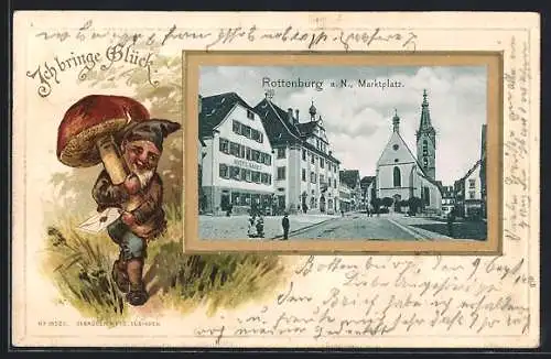 Passepartout-Lithographie Rottenburg a. N., Marktplatz, Zwerg mit Pilz