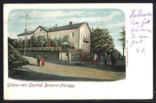 Lithographie Planegg, Gasthof Bavaria, Strassenpartie mit Menschen und Kutsche