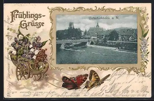 Passepartout-Lithographie Untertürkheim a. N., Flusspartie, Maikäfer in Blumenwagen